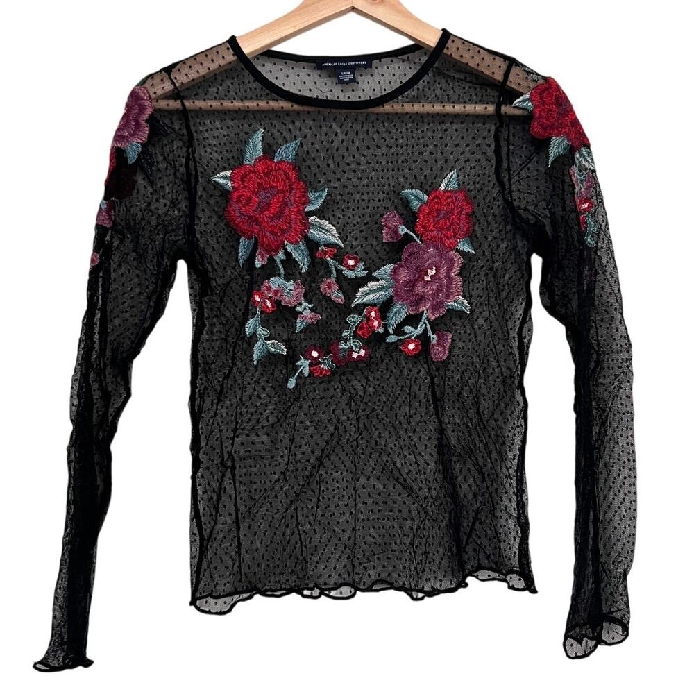 Festival Ready American Eagle Sheer Floral Embroidered Mesh Top Small